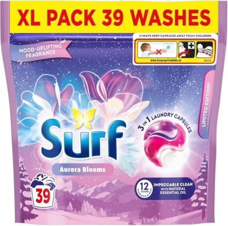 Surf 3 in 1 Laundry Capsules Aurora Blooms. 39X3 Washes. Powerful Clean with Long-Lasting Floral Freshness